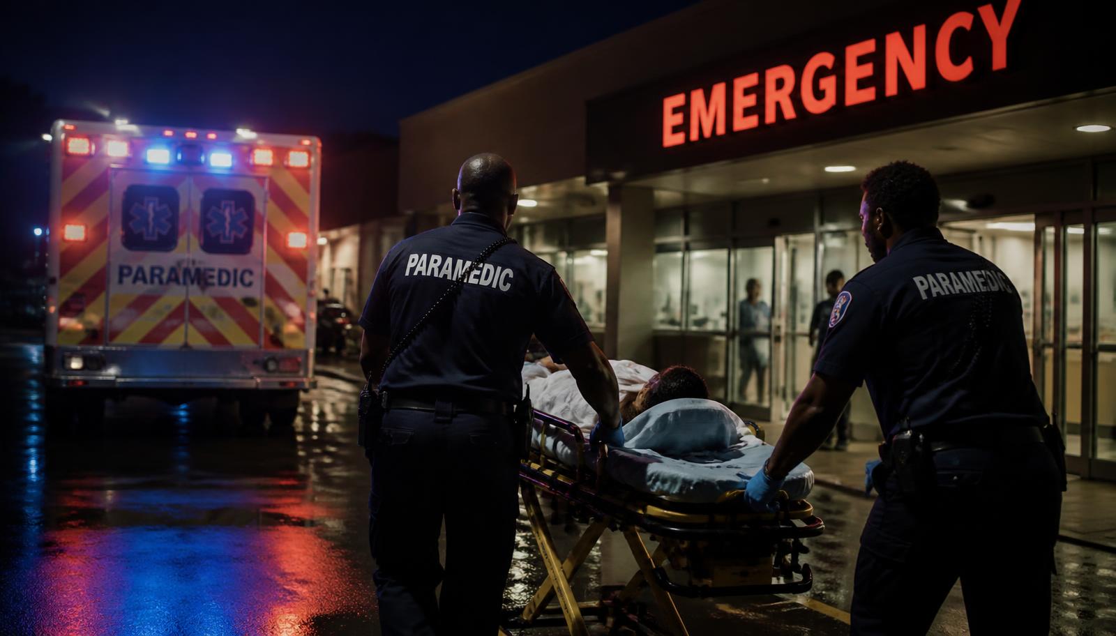 Paramedics arriving at the emergency entrance