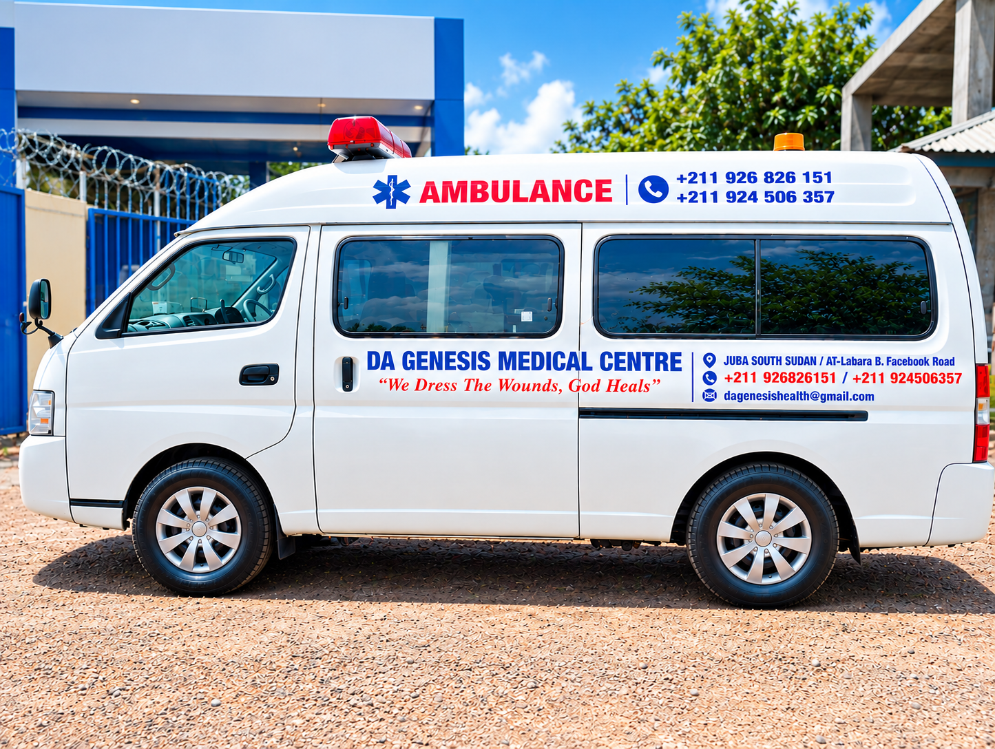 Da Genesis Medical Centre ambulance parked outside the facility in Juba, South Sudan