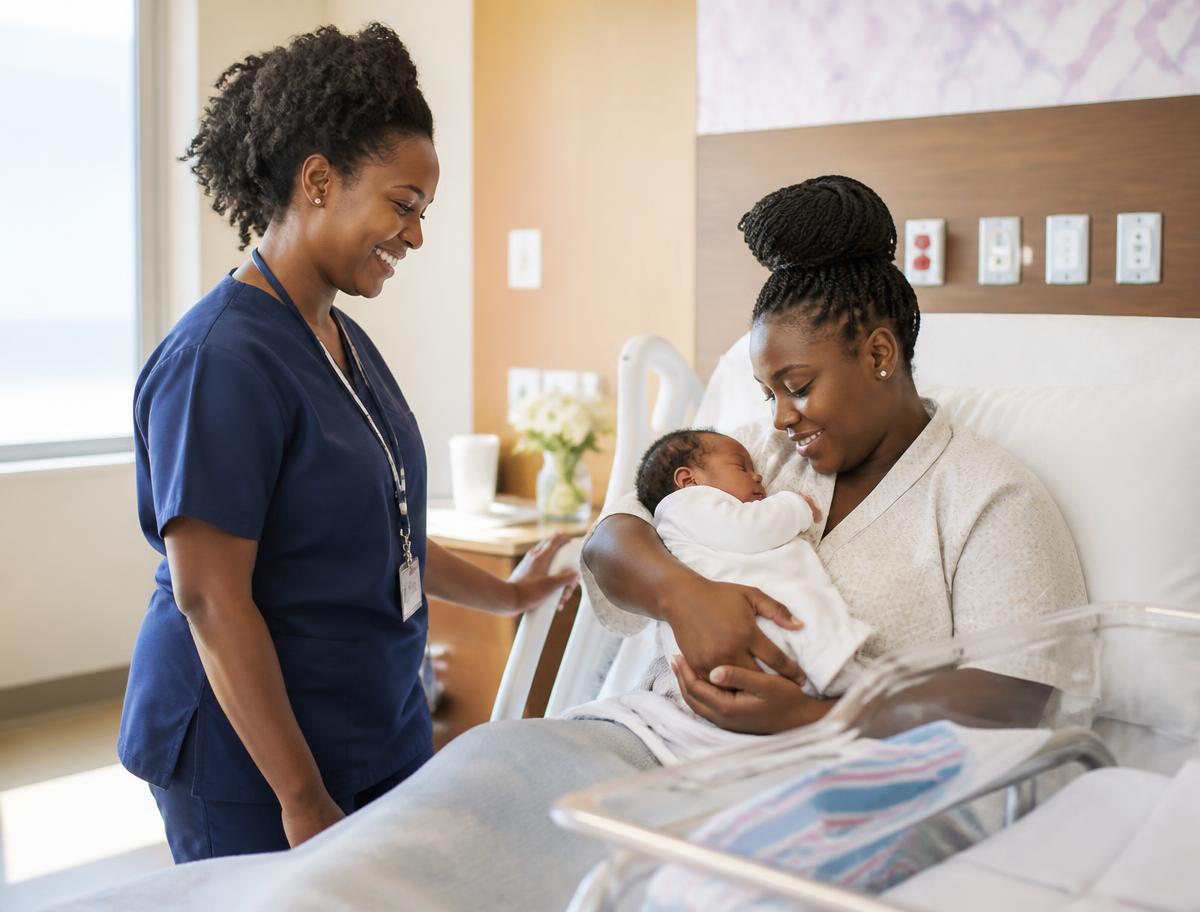Midwife smiling with a mother holding her newborn baby in a maternity room