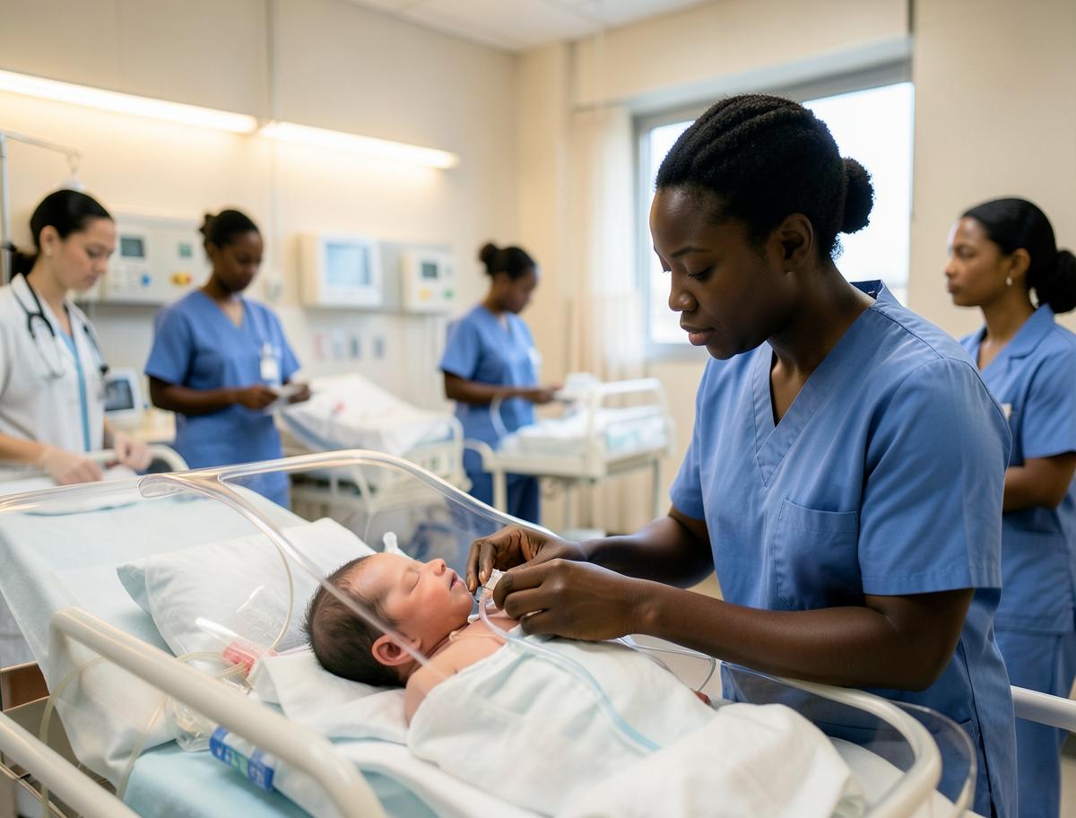 Black neonatal nurse caring for a newborn in the NICU