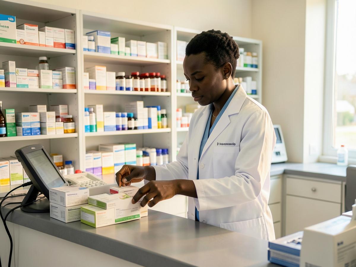 Black pharmacist dispensing medication at the hospital pharmacy counter