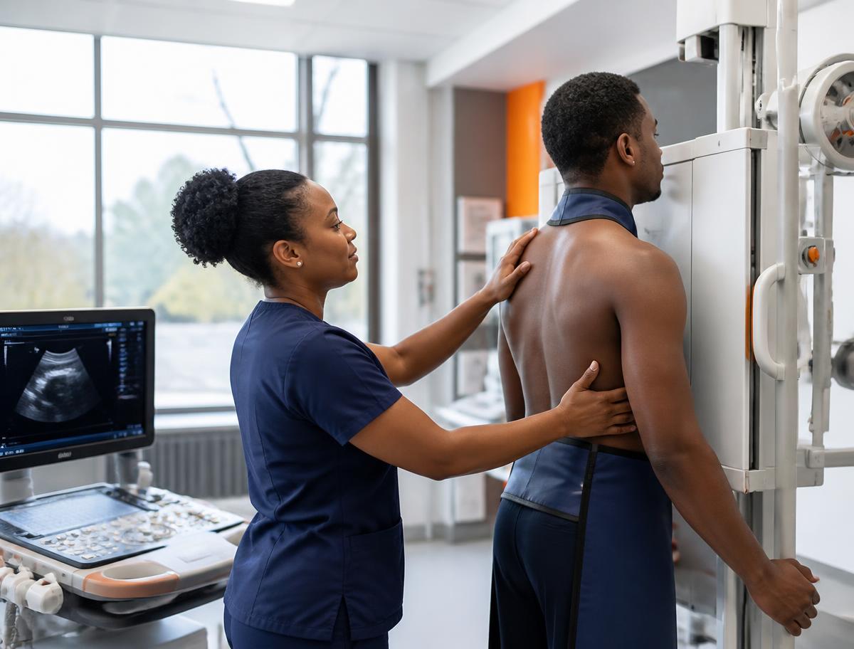 Radiographer positioning a patient for an X-ray