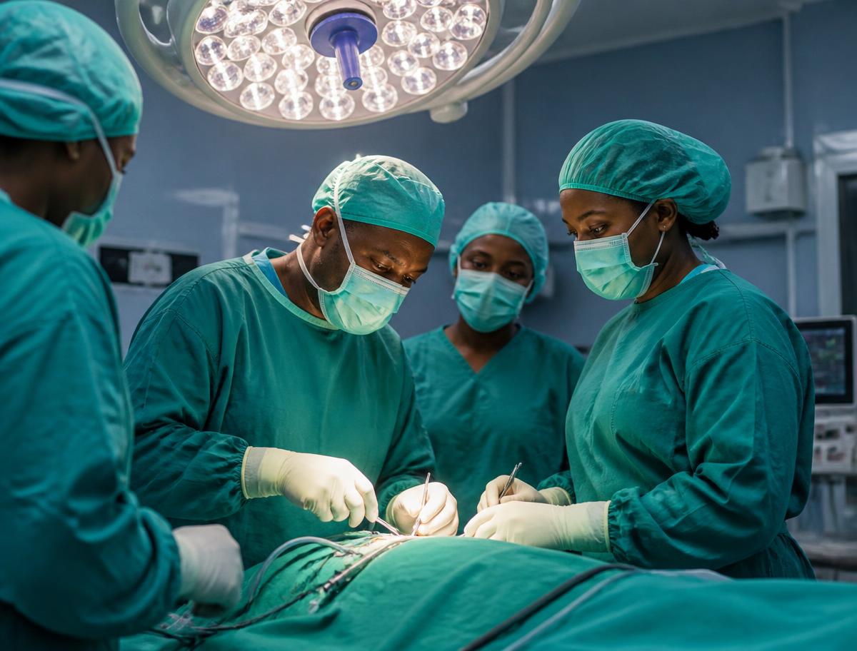 Surgical team operating in theatre